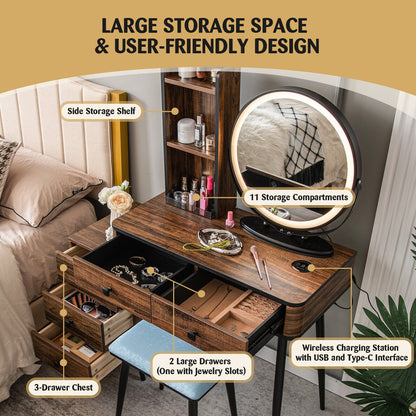 Vanity Table Set With 3-Color Lighted Mirror, Cushioned Stool, Rustic Brown Makeup Vanities at Gallery Canada