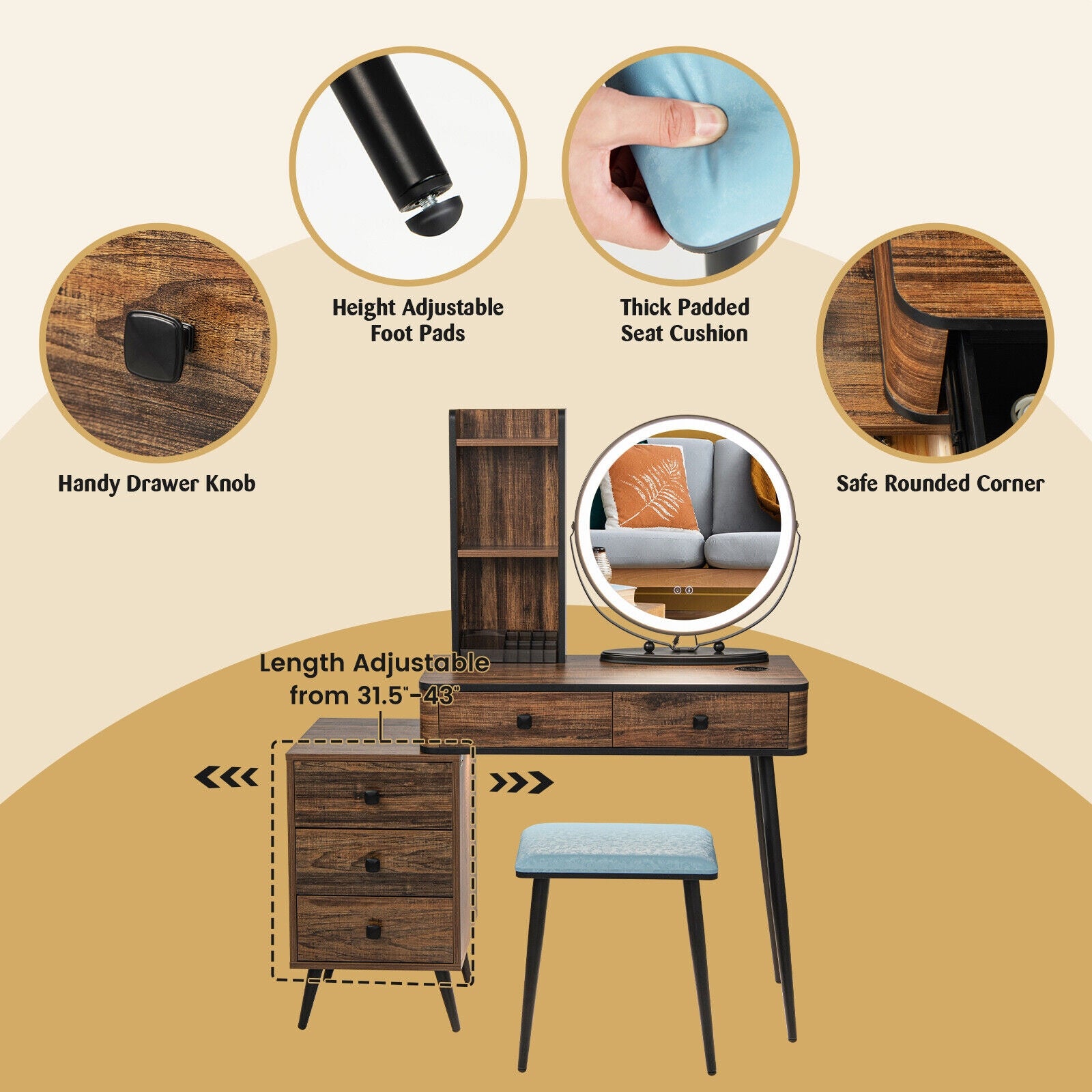 Vanity Table Set With 3-Color Lighted Mirror, Cushioned Stool, Rustic Brown Makeup Vanities at Gallery Canada