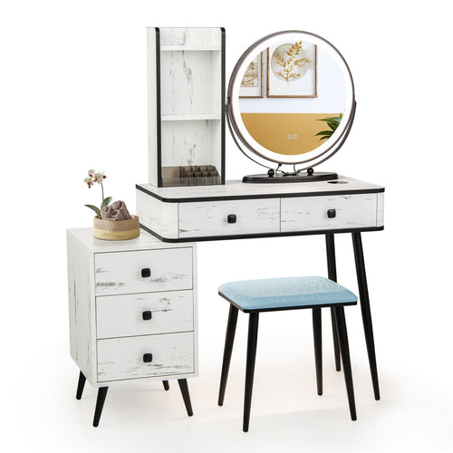 Vanity Table Set With Lighted Mirror, Cushioned Stool, White