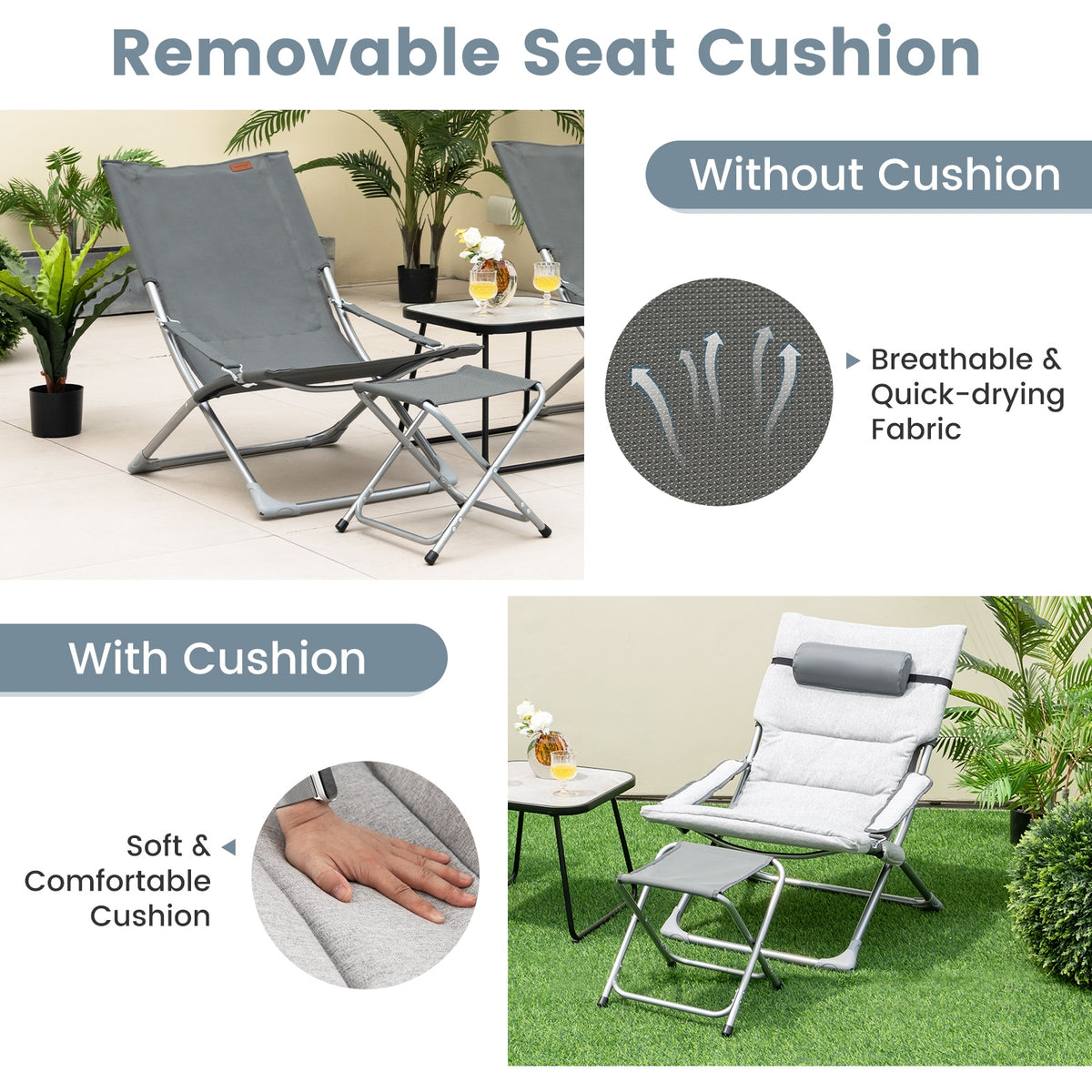 5-Piece Patio Sling Chair Set, Folding Lounge Chairs, Gray Outdoor Chaise Lounges at Gallery Canada