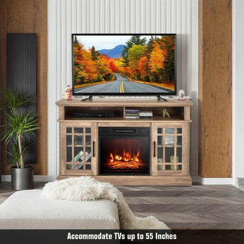 48 Inch Electric Fireplace TV Stand, Cabinets For 55 Inch TVs, Natural