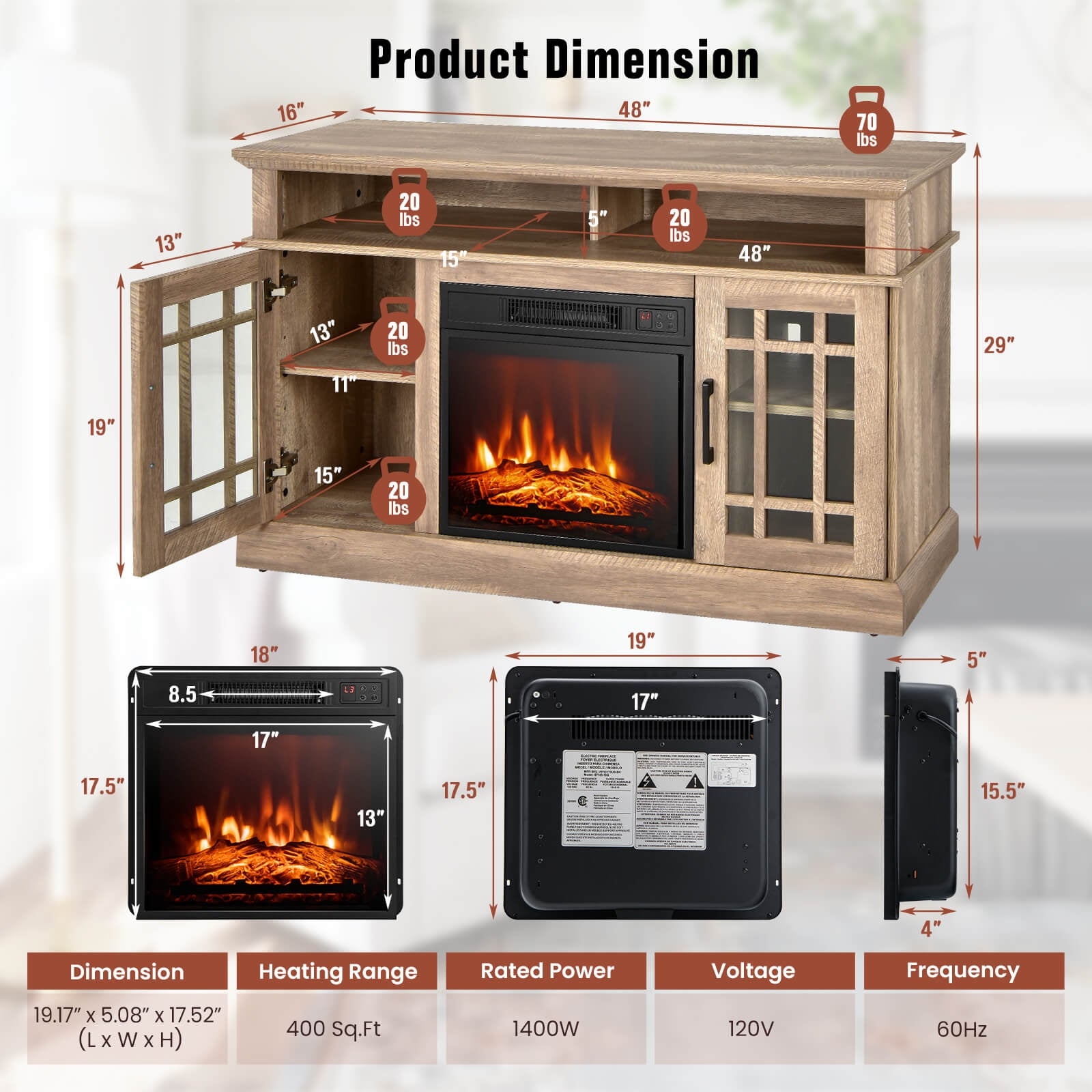48 Inch Electric Fireplace TV Stand, Cabinets For 55 Inch TVs, Natural Entertainment Centers & TV Stands at Gallery Canada
