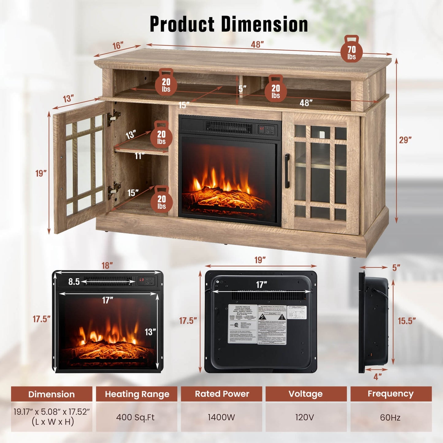 48 Inch Electric Fireplace TV Stand, Cabinets For 55 Inch TVs, Natural Entertainment Centers & TV Stands at Gallery Canada