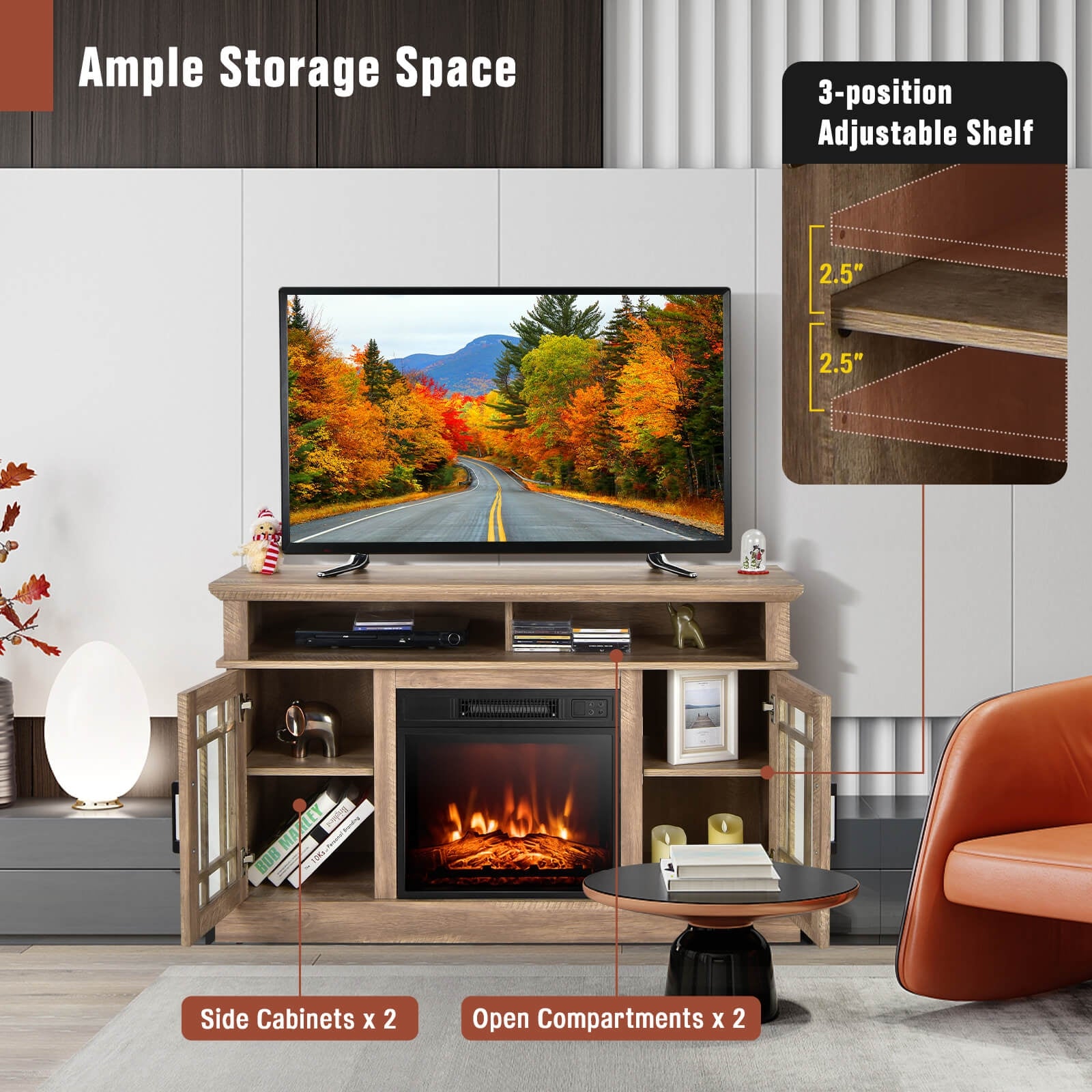 48 Inch Electric Fireplace TV Stand, Cabinets For 55 Inch TVs, Natural Entertainment Centers & TV Stands at Gallery Canada