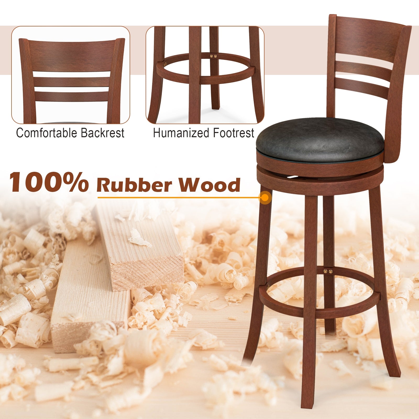 Set Of 2 360° Bar Stools, PU Upholstered Seats, Brown Bar Stools at Gallery Canada