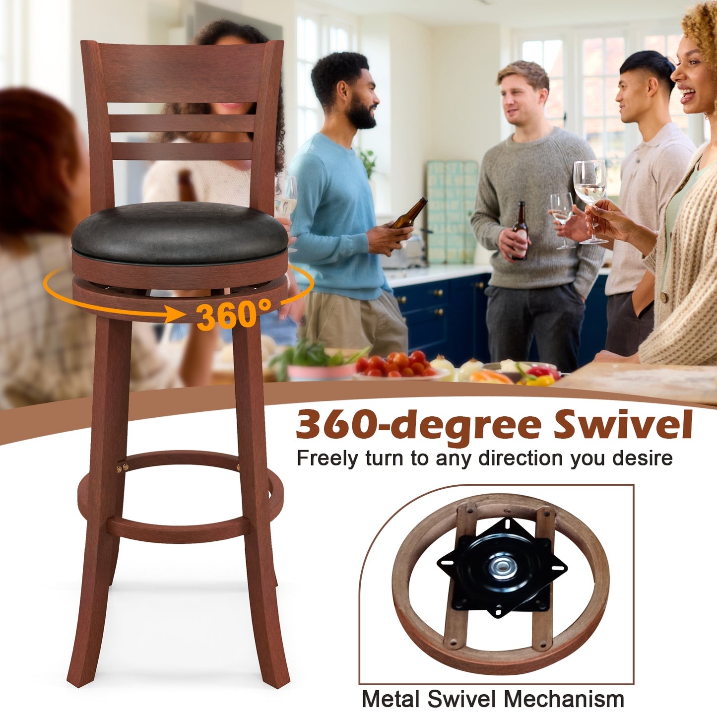Set Of 2 360° Bar Stools, PU Upholstered Seats, Brown Bar Stools at Gallery Canada