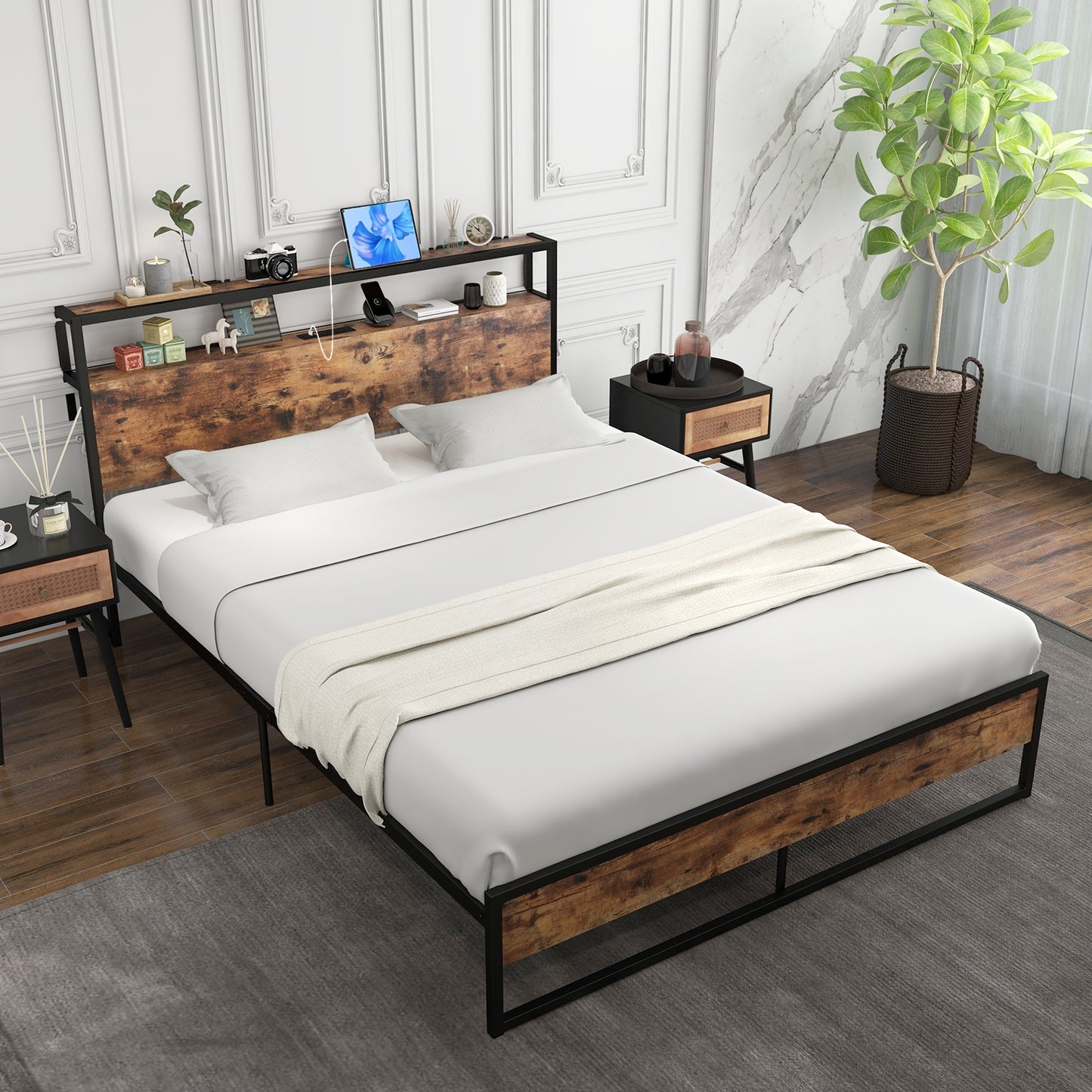 Queen Bed Frame With 2-Tier Storage Headboard, Charging Station, Rustic Brown Simple Bed Frame at Gallery Canada