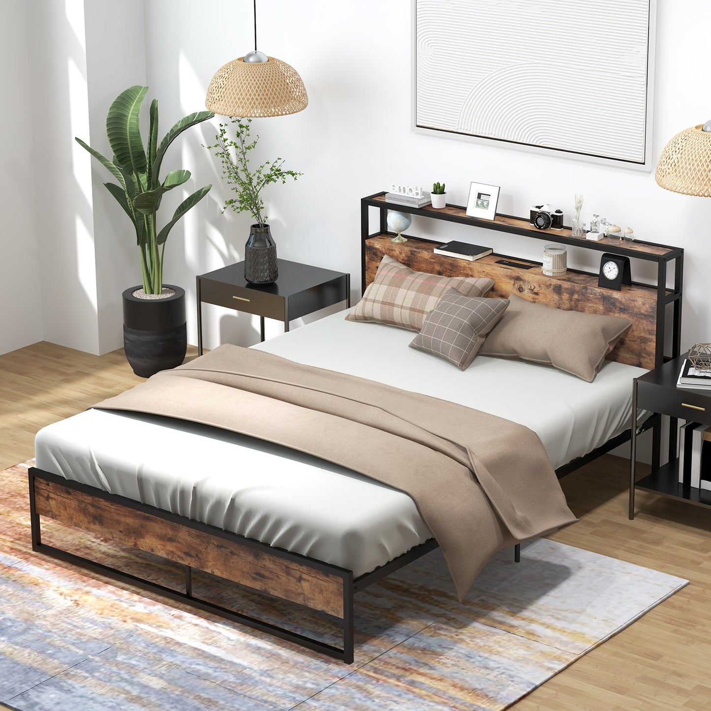 Queen Bed Frame With 2-Tier Storage Headboard, Charging Station, Rustic Brown Simple Bed Frame at Gallery Canada