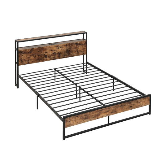 Queen Bed Frame With 2-Tier Storage Headboard, Charging Station, Rustic Brown Simple Bed Frame Rustic Brown at Gallery Canada