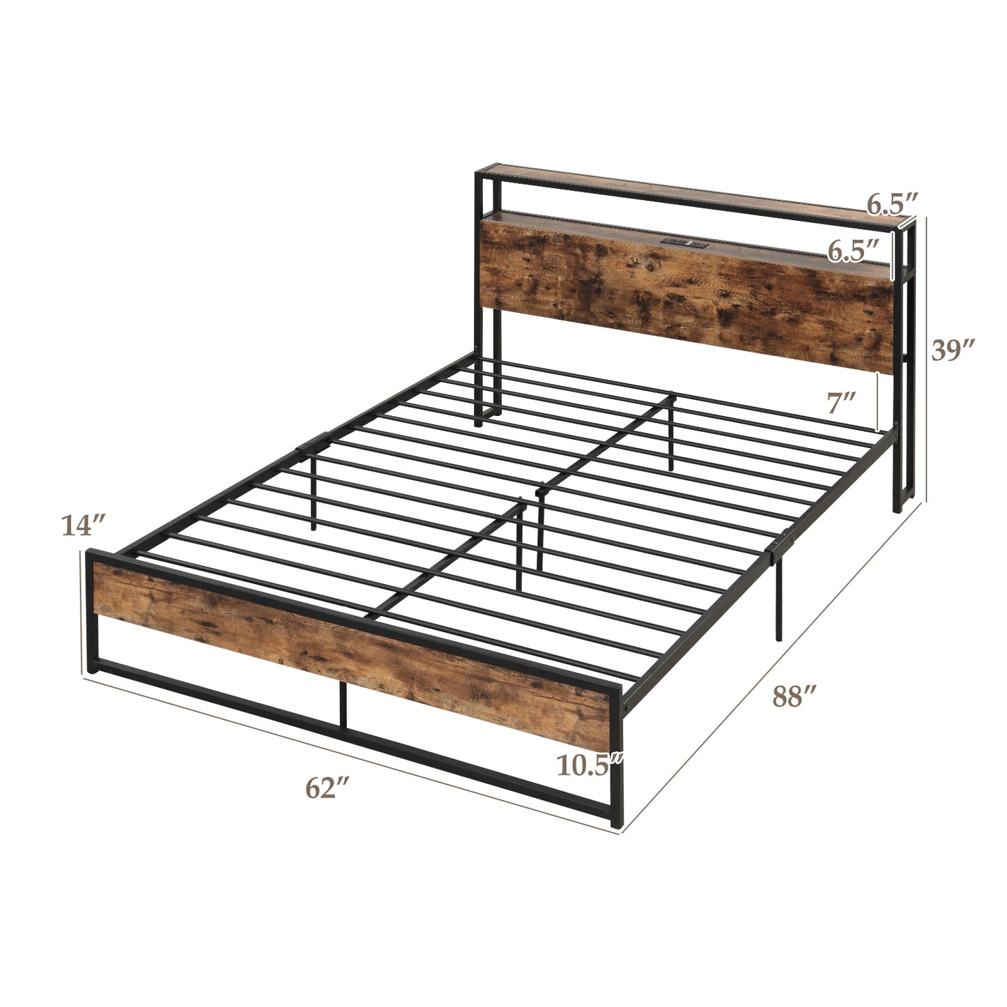 Queen Bed Frame With 2-Tier Storage Headboard, Charging Station, Rustic Brown Simple Bed Frame at Gallery Canada