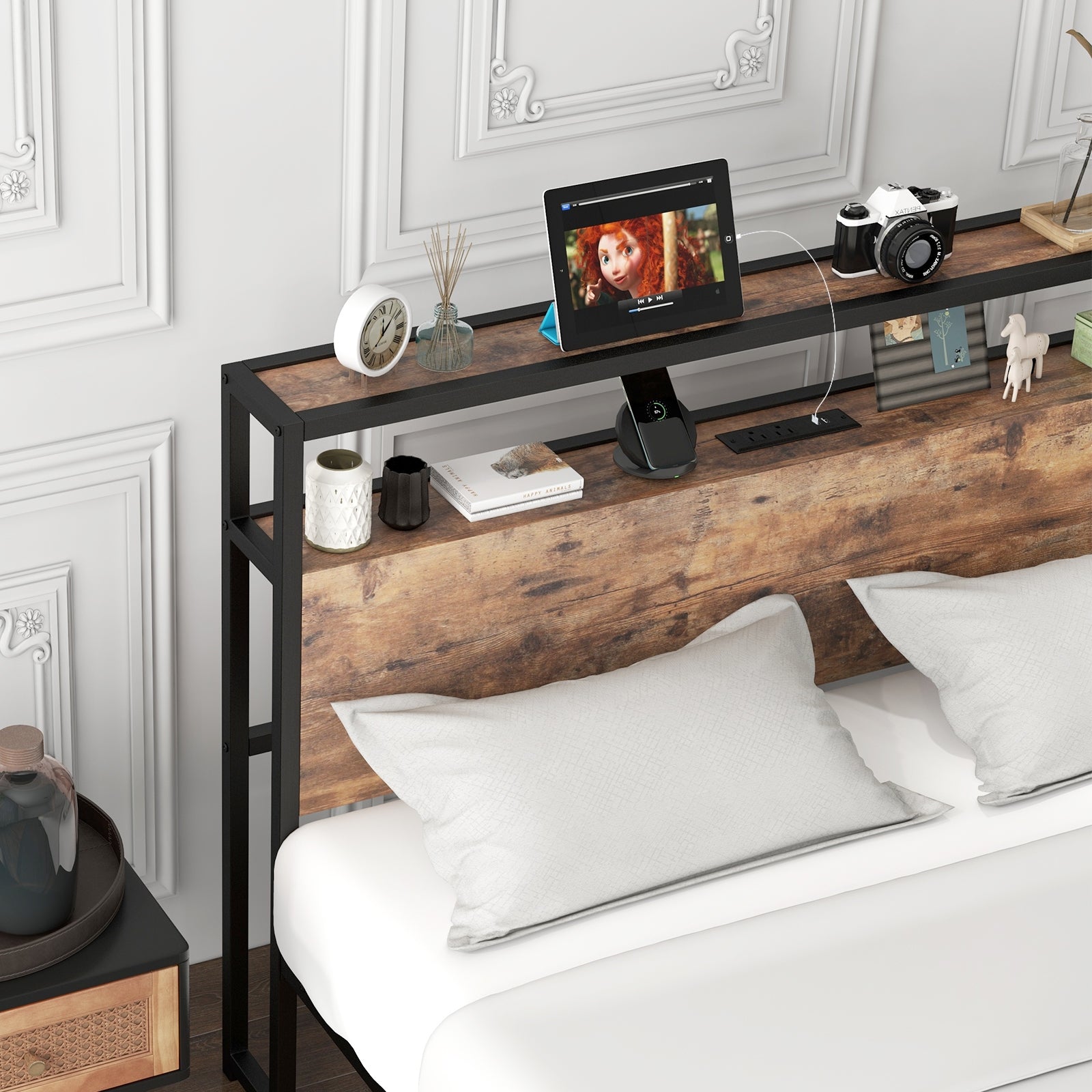 Queen Bed Frame With 2-Tier Storage Headboard, Charging Station, Rustic Brown Simple Bed Frame at Gallery Canada