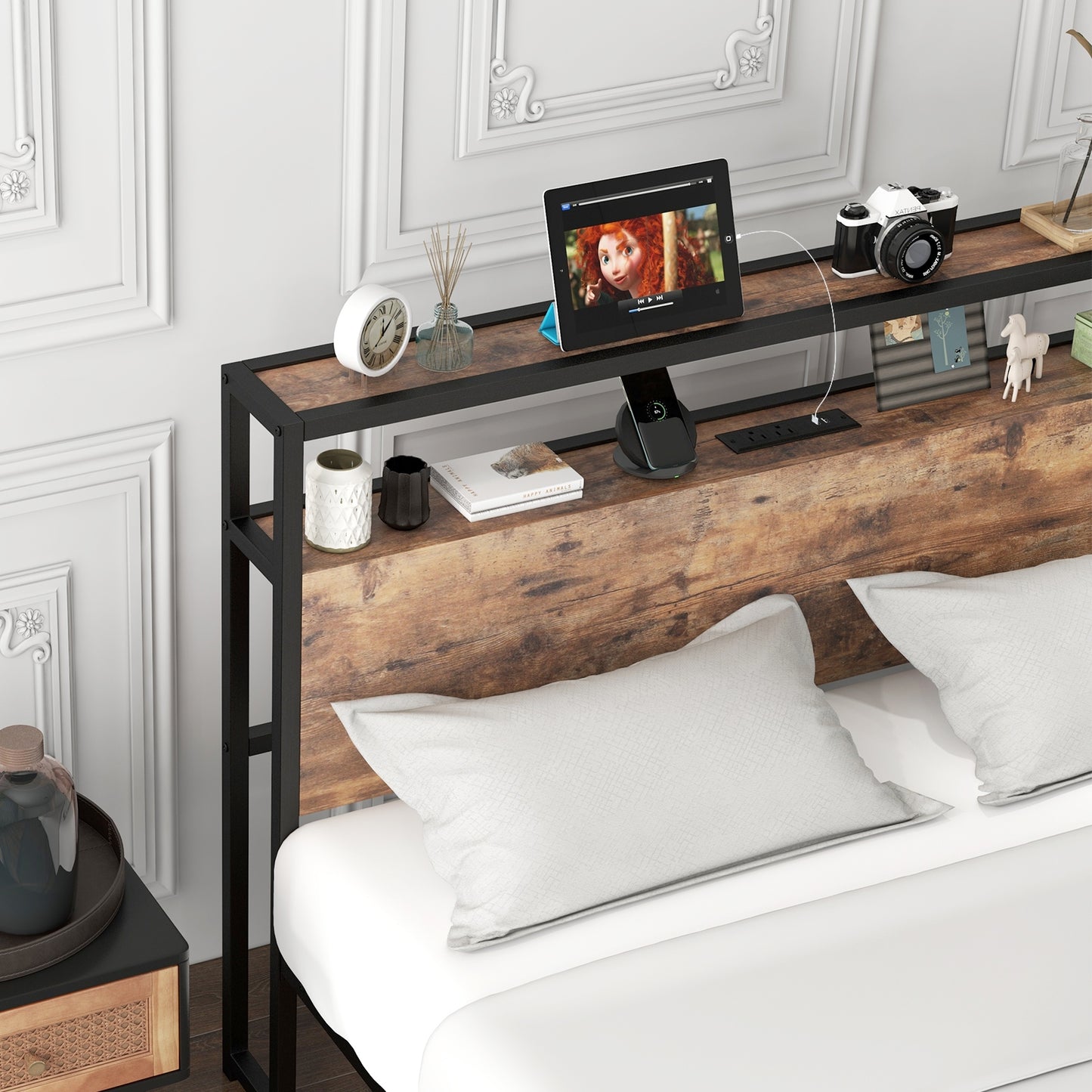 Queen Bed Frame With 2-Tier Storage Headboard, Charging Station, Rustic Brown Simple Bed Frame at Gallery Canada