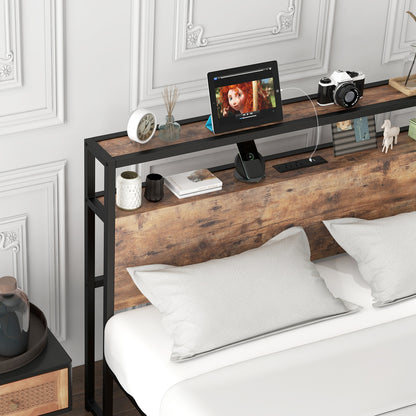 Queen Bed Frame With 2-Tier Storage Headboard, Charging Station, Rustic Brown Simple Bed Frame at Gallery Canada