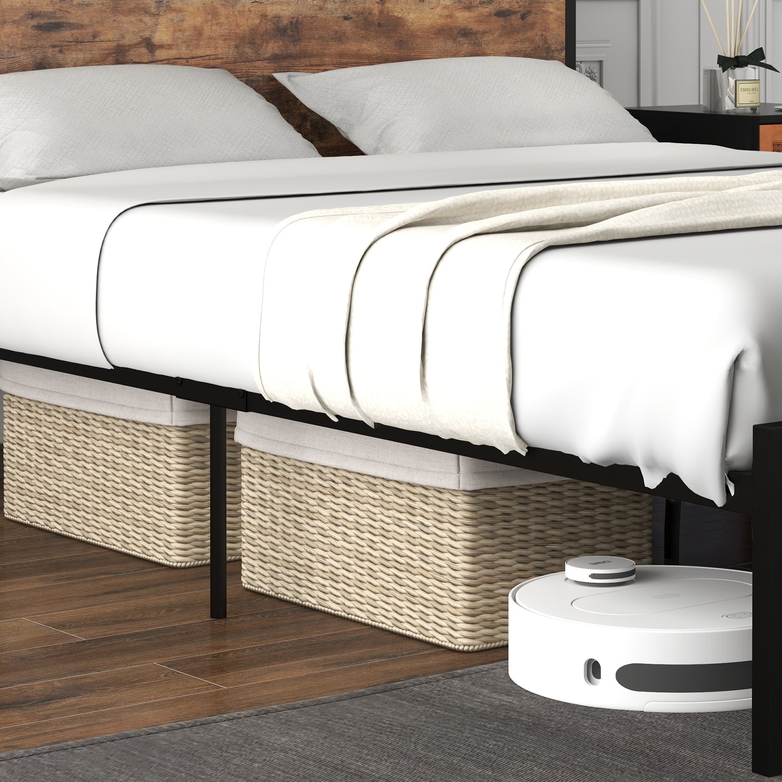 Queen Bed Frame With 2-Tier Storage Headboard, Charging Station, Rustic Brown Simple Bed Frame at Gallery Canada