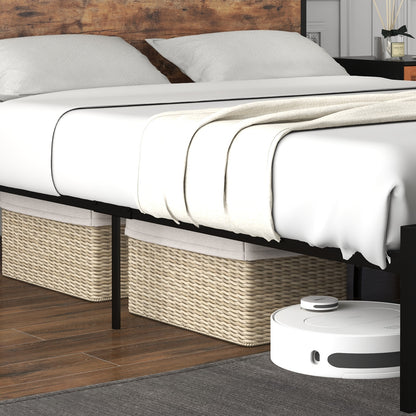 Queen Bed Frame With 2-Tier Storage Headboard, Charging Station, Rustic Brown Simple Bed Frame at Gallery Canada