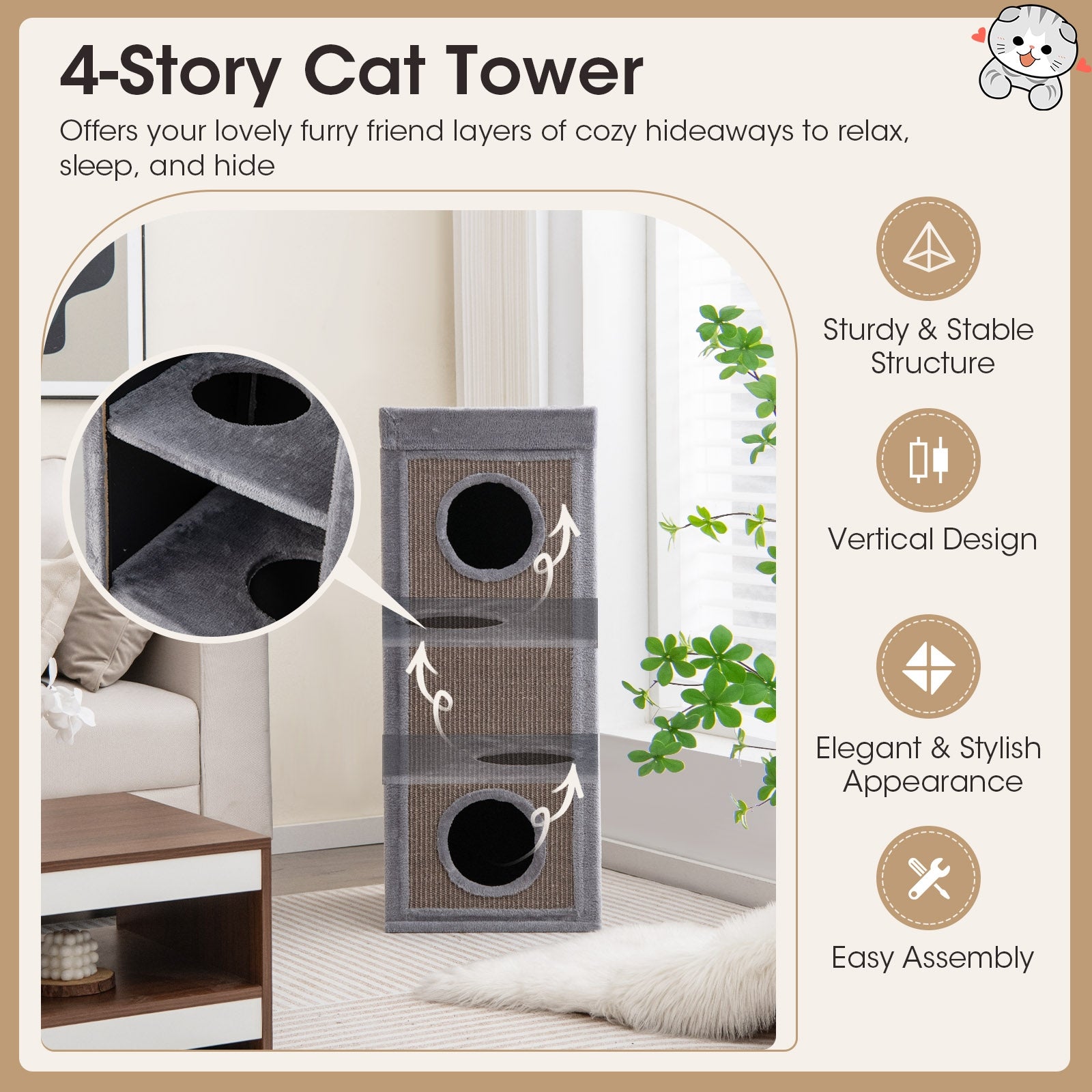 39 Inch Cat Condo, Scratching Posts, 3 Hideaways, 4 Plush Cushions, Gray Cat Trees Condos & Scratchers at Gallery Canada