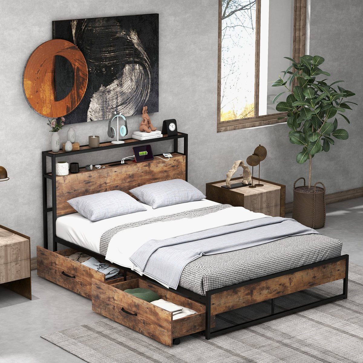Full Queen Bed Frame, 2-Tier Storage Headboard, Charging Station, Brown Simple Bed Frame at Gallery Canada
