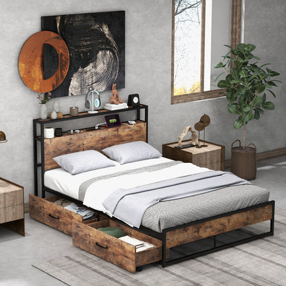 Full Queen Bed Frame, 2-Tier Storage Headboard, Charging Station, Brown Simple Bed Frame at Gallery Canada