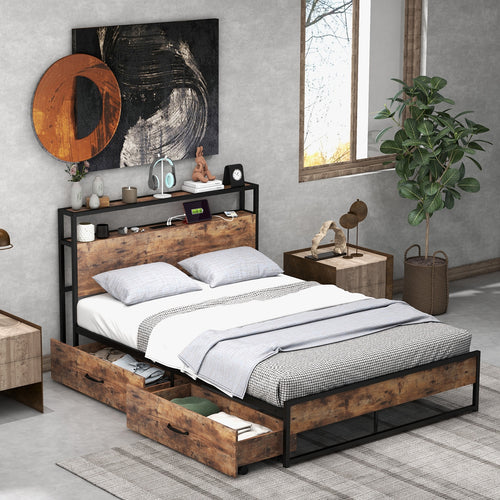Full Queen Bed Frame, 2-Tier Storage Headboard, Charging Station, Brown
