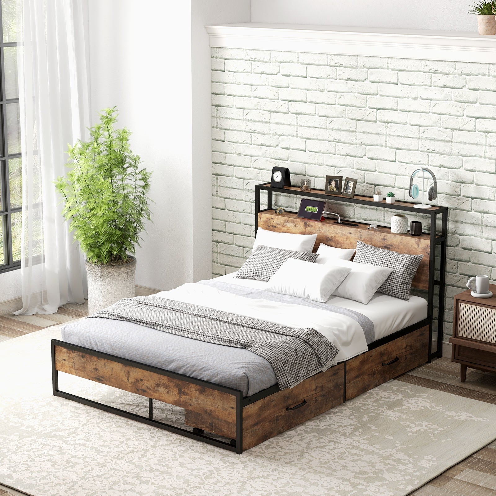 Full Queen Bed Frame, 2-Tier Storage Headboard, Charging Station, Brown Simple Bed Frame at Gallery Canada