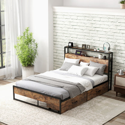 Full Queen Bed Frame, 2-Tier Storage Headboard, Charging Station, Brown Simple Bed Frame at Gallery Canada