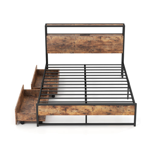 Full Queen Bed Frame, 2-Tier Storage Headboard, Charging Station, Brown