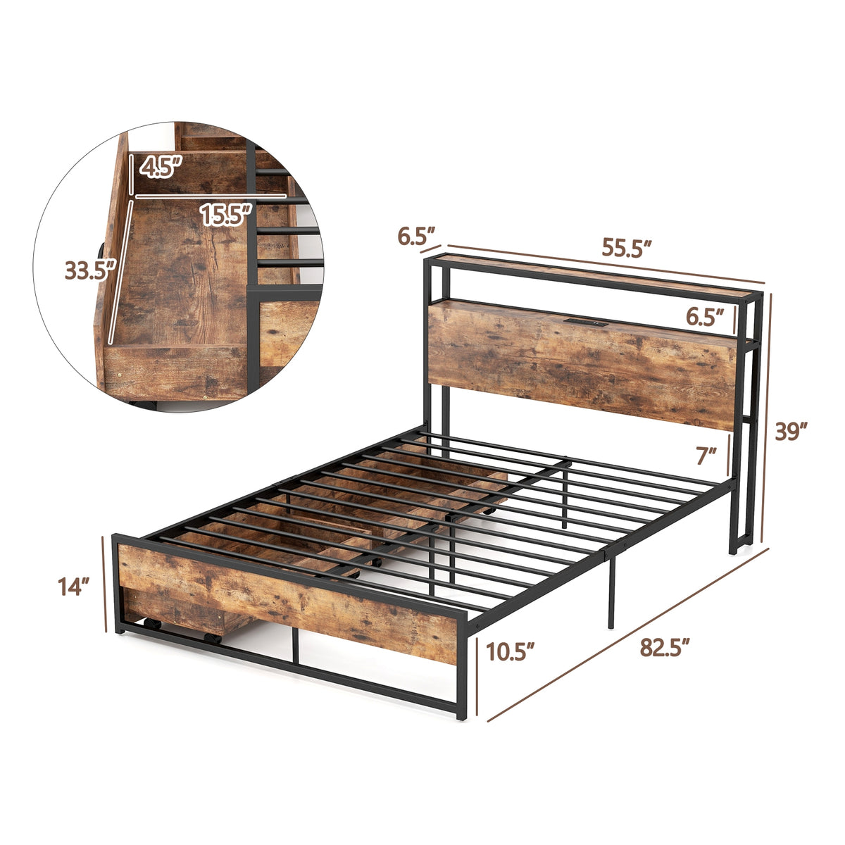 Full Queen Bed Frame, 2-Tier Storage Headboard, Charging Station, Brown Simple Bed Frame at Gallery Canada