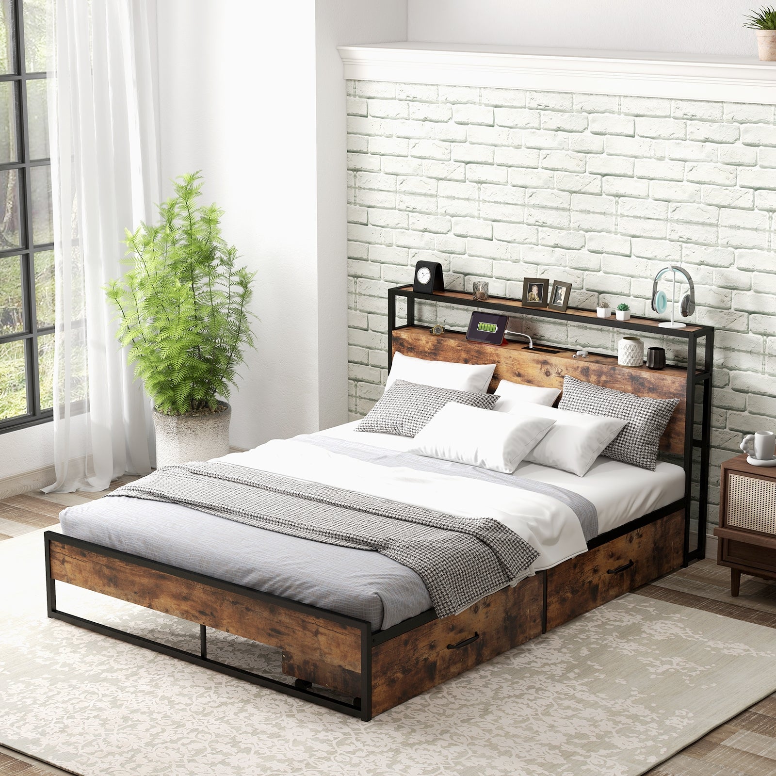 Full/Queen Bed Frame with 2-Tier Storage Headboard and Charging Station-Queen Size, Rustic Brown Simple Bed Frame at Gallery Canada