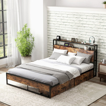 Full/Queen Bed Frame with 2-Tier Storage Headboard and Charging Station-Queen Size, Rustic Brown Simple Bed Frame at Gallery Canada