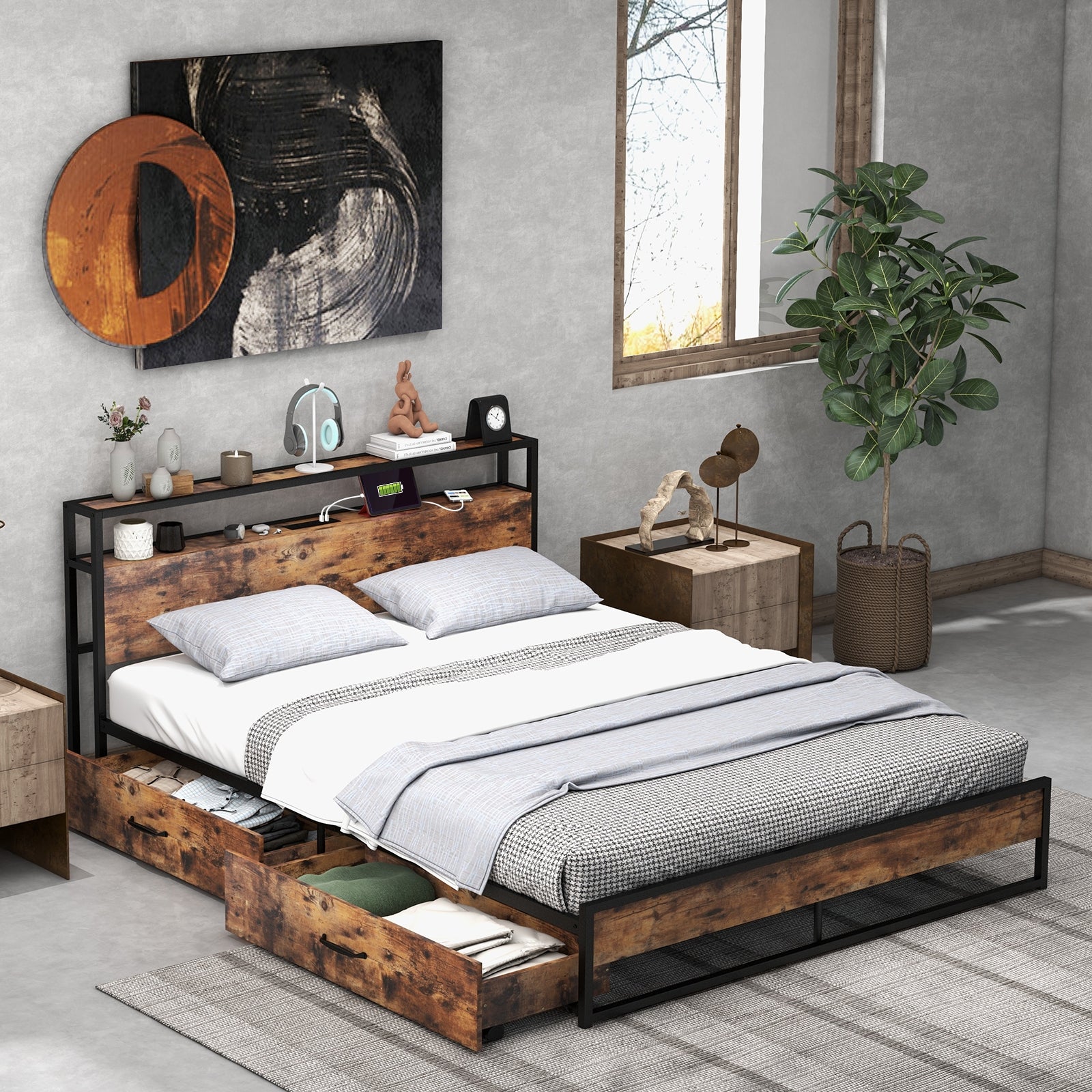 Full/Queen Bed Frame with 2-Tier Storage Headboard and Charging Station-Queen Size, Rustic Brown Simple Bed Frame at Gallery Canada