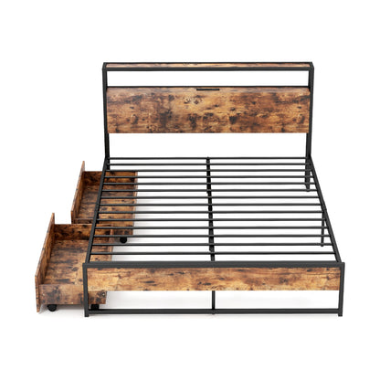 Full/Queen Bed Frame with 2-Tier Storage Headboard and Charging Station-Queen Size, Rustic Brown Simple Bed Frame Queen Size at Gallery Canada