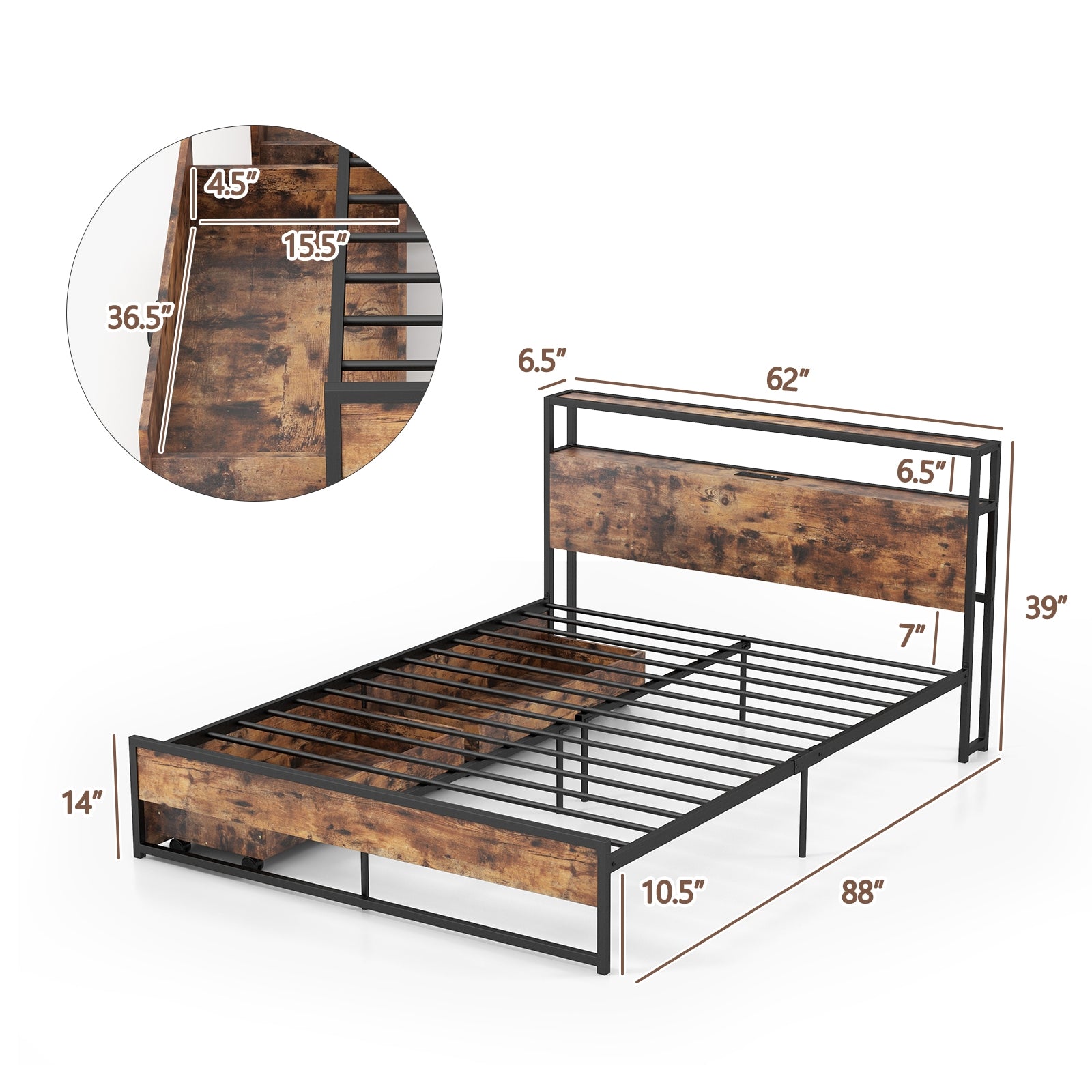 Full/Queen Bed Frame with 2-Tier Storage Headboard and Charging Station-Queen Size, Rustic Brown Simple Bed Frame at Gallery Canada