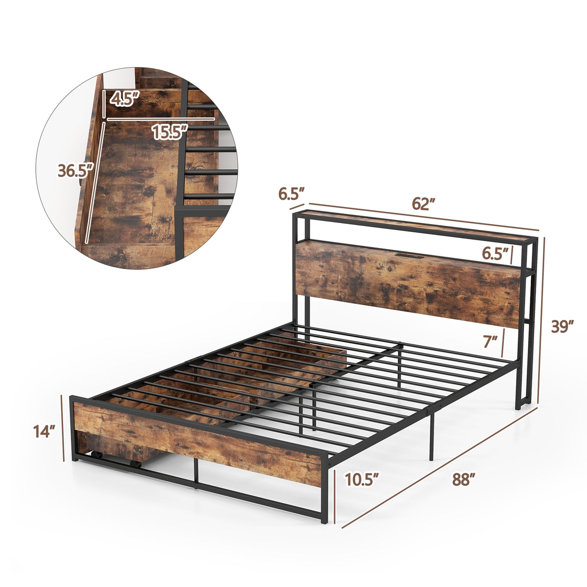 Full/Queen Bed Frame with 2-Tier Storage Headboard and Charging Station-Queen Size, Rustic Brown Simple Bed Frame at Gallery Canada