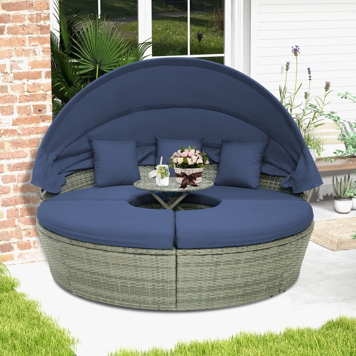 Outdoor PE Wicker Round Daybed, Retractable Canopy, Navy Outdoor Sectionals at Gallery Canada