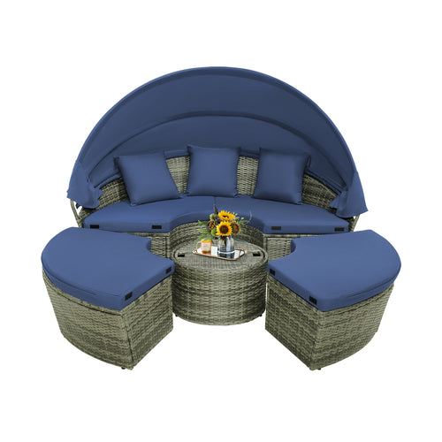 Outdoor PE Wicker Round Daybed, Retractable Canopy, Navy
