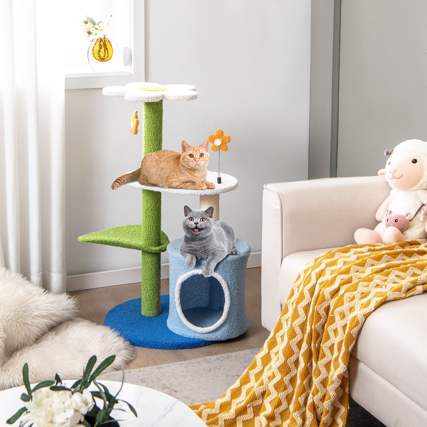 34.5 Inch 4-Tier Cat Tree With Jingling Balls, Condo, Blue Cat Trees Condos & Scratchers at Gallery Canada
