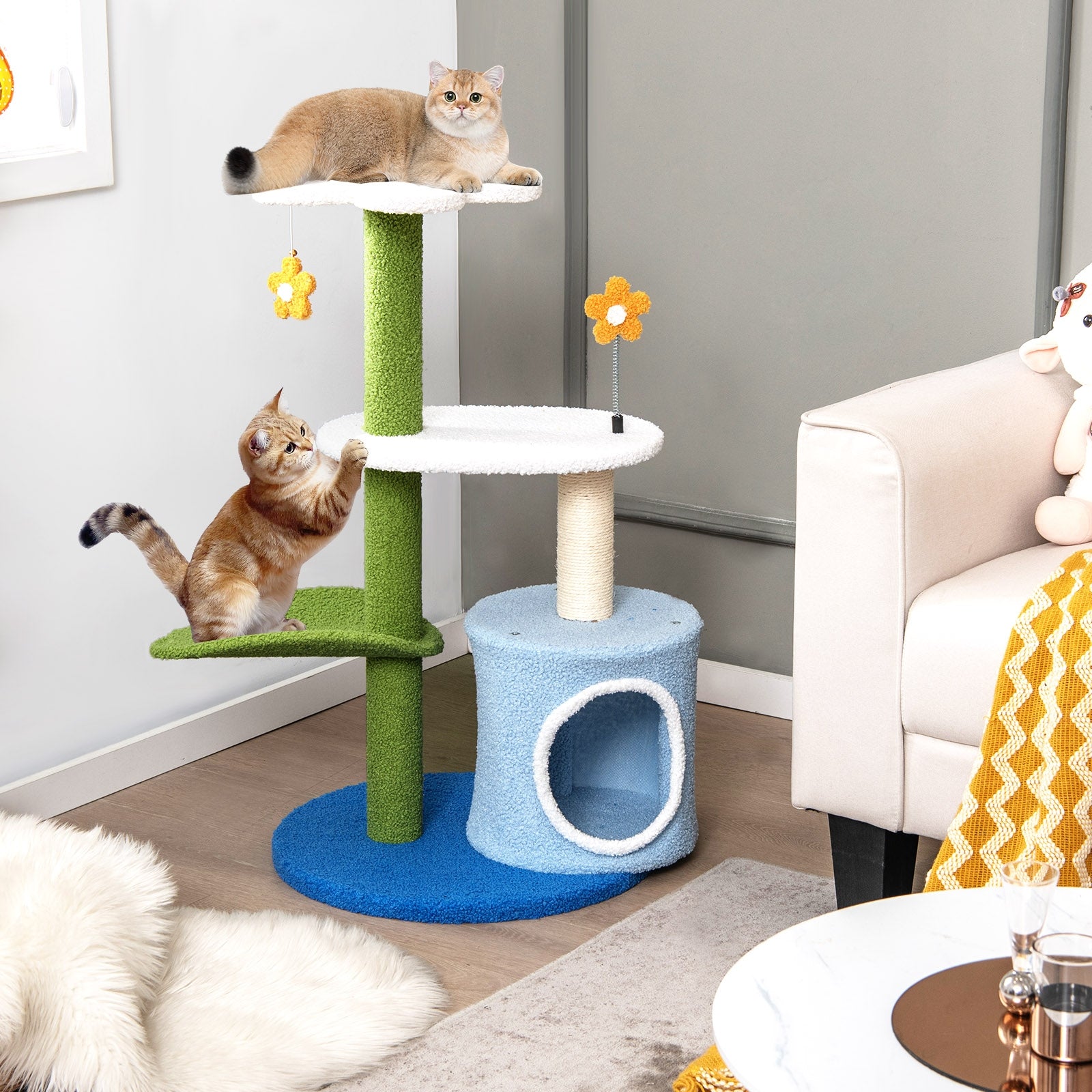 34.5 Inch 4-Tier Cat Tree With Jingling Balls, Condo, Blue Cat Trees Condos & Scratchers at Gallery Canada