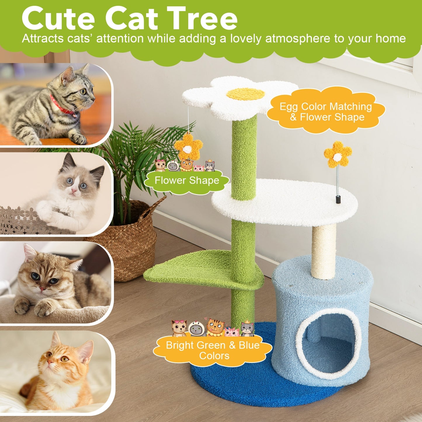34.5 Inch 4-Tier Cat Tree With Jingling Balls, Condo, Blue Cat Trees Condos & Scratchers at Gallery Canada