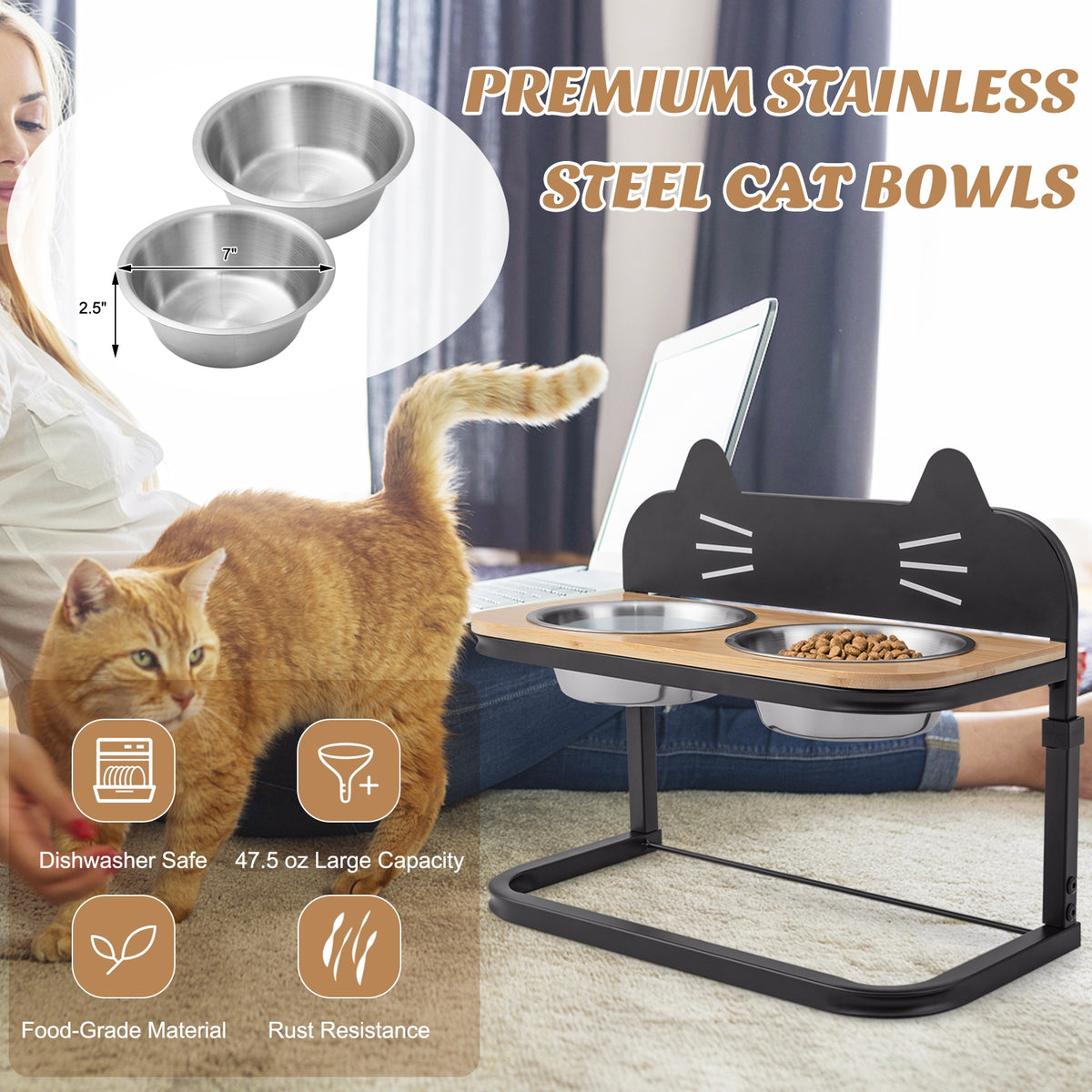 Elevated Pet Feeder With 2 Stainless Steel Bowls, Natural Cat Supplies at Gallery Canada