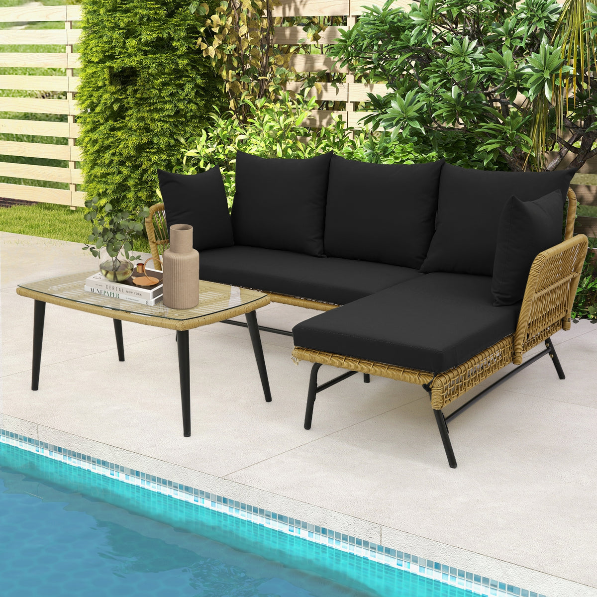3 Piece L-Shaped Patio Sofa With Cushions, Tempered Glass Table, Black Patio Conversation Sets at Gallery Canada