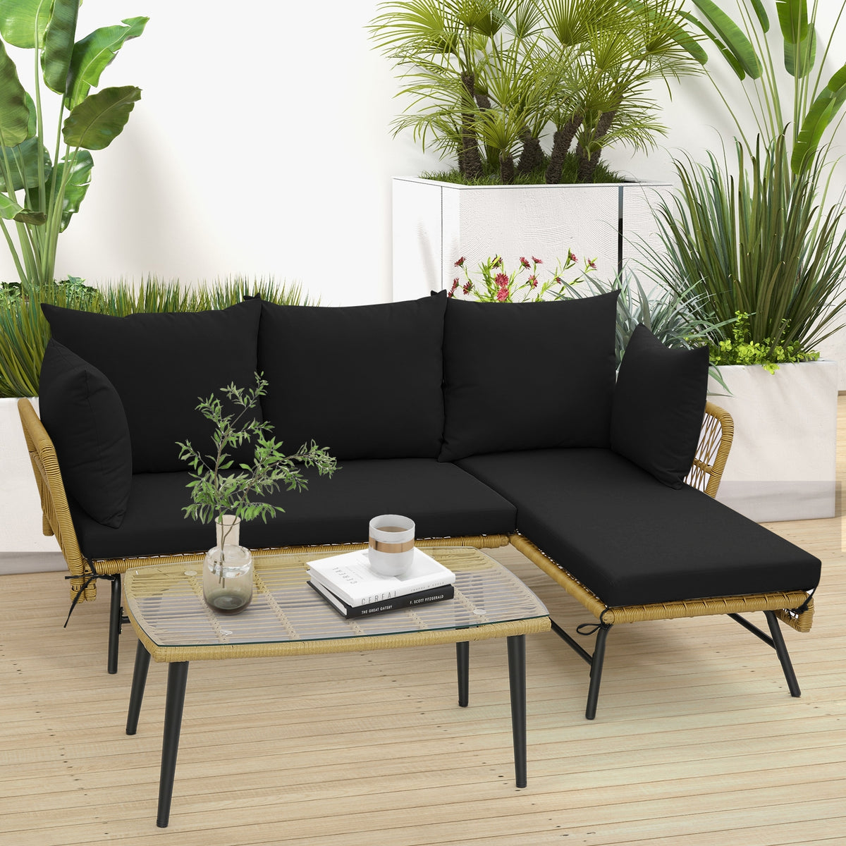 3 Piece L-Shaped Patio Sofa With Cushions, Tempered Glass Table, Black Patio Conversation Sets at Gallery Canada