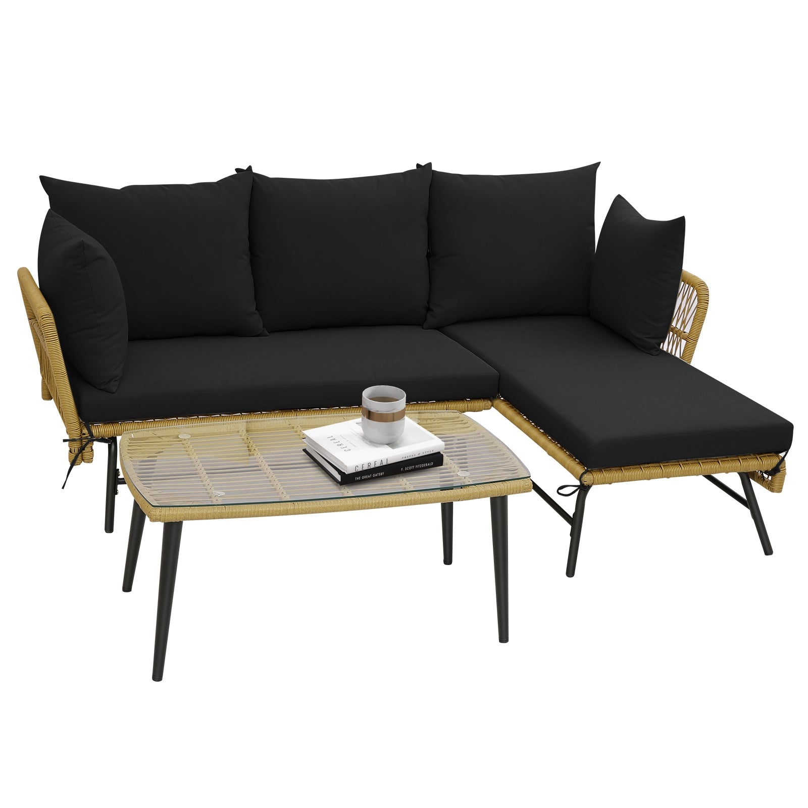 3 Piece L-Shaped Patio Sofa With Cushions, Tempered Glass Table, Black Patio Conversation Sets at Gallery Canada