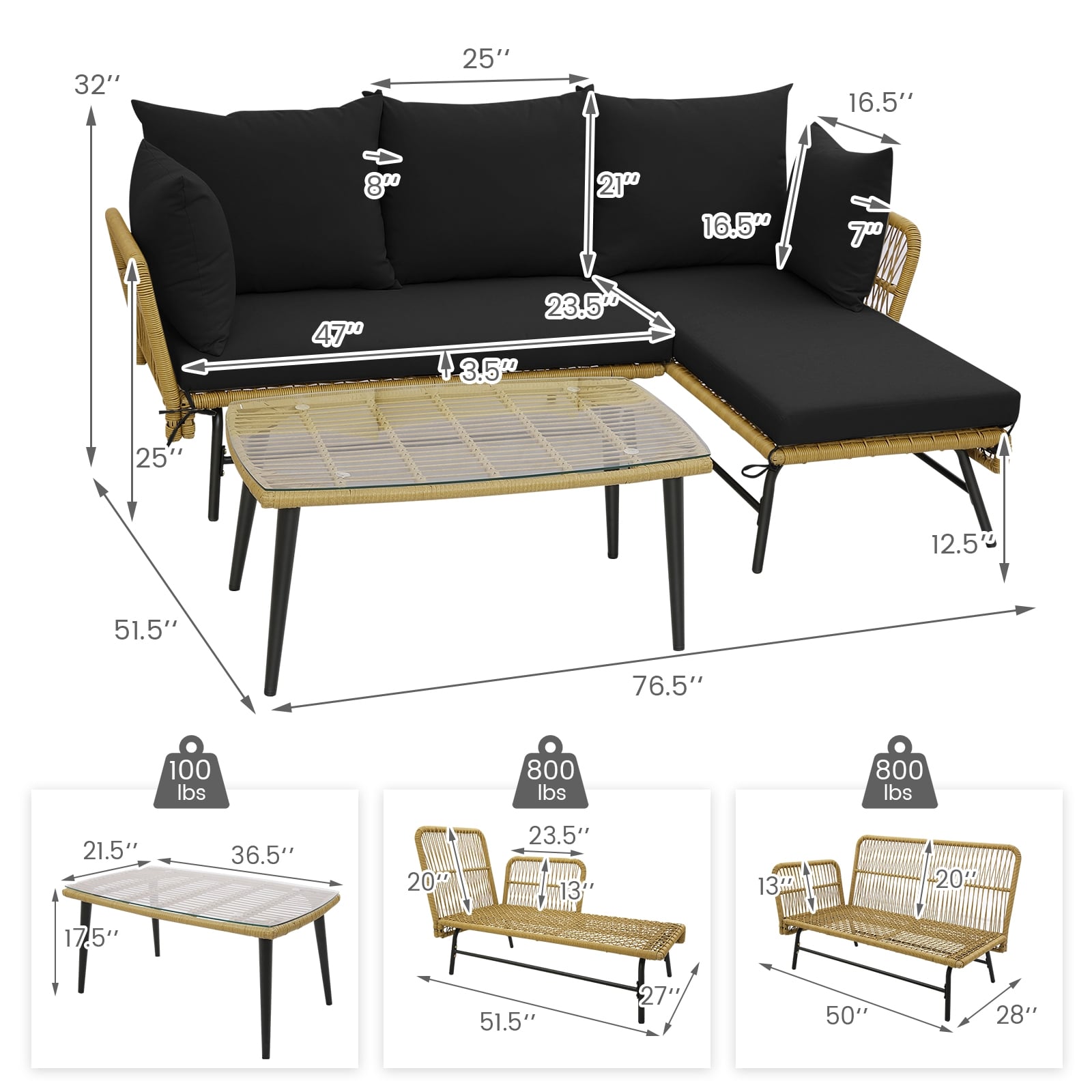 3 Piece L-Shaped Patio Sofa With Cushions, Tempered Glass Table, Black Patio Conversation Sets at Gallery Canada