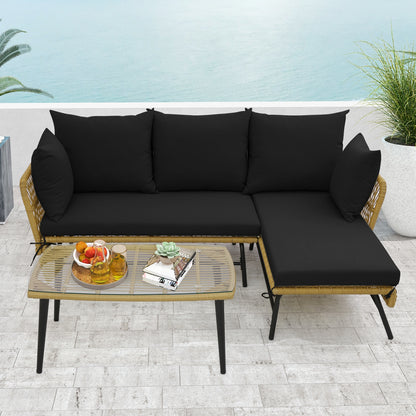 3 Piece L-Shaped Patio Sofa With Cushions, Tempered Glass Table, Black Patio Conversation Sets at Gallery Canada