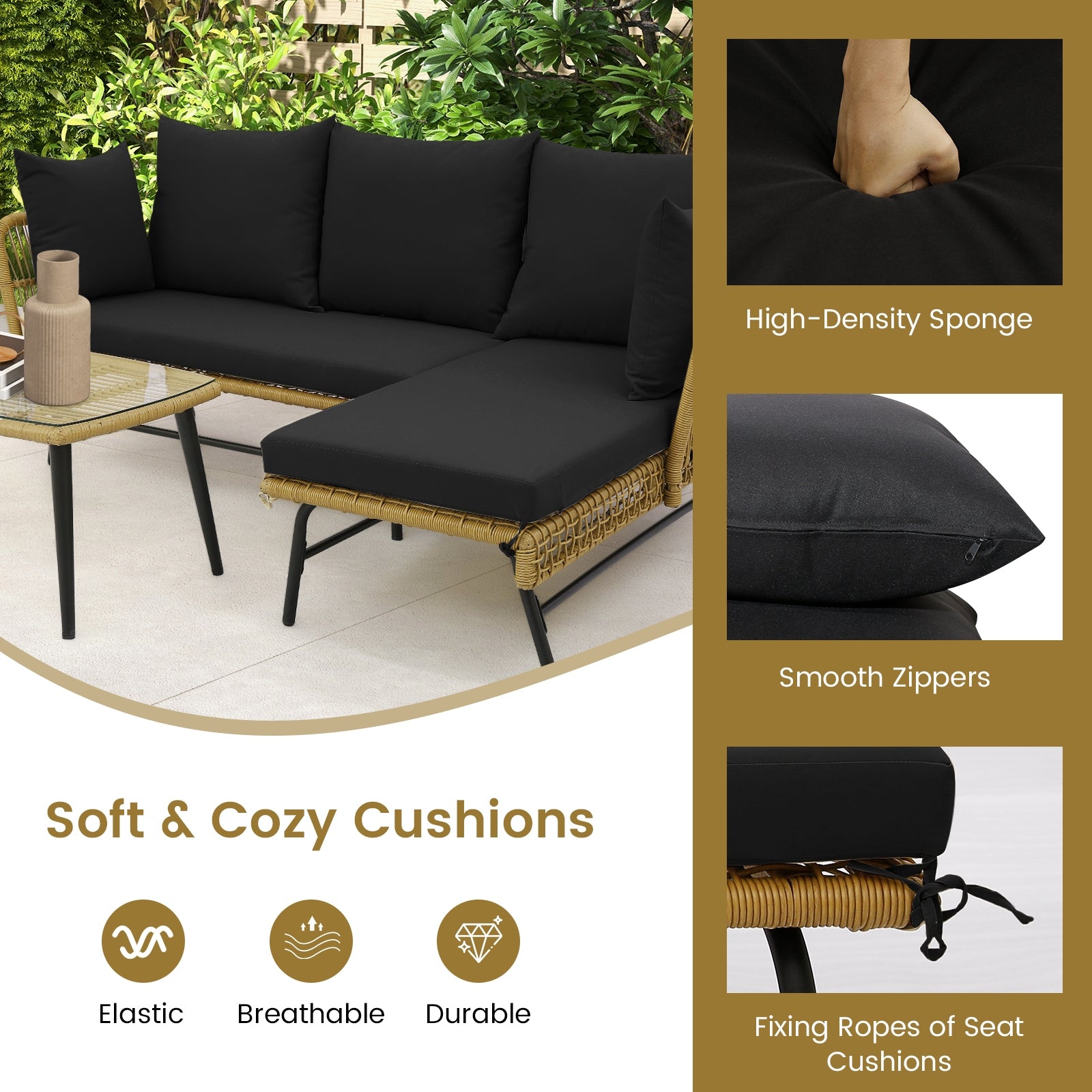 3 Piece L-Shaped Patio Sofa With Cushions, Tempered Glass Table, Black Patio Conversation Sets at Gallery Canada