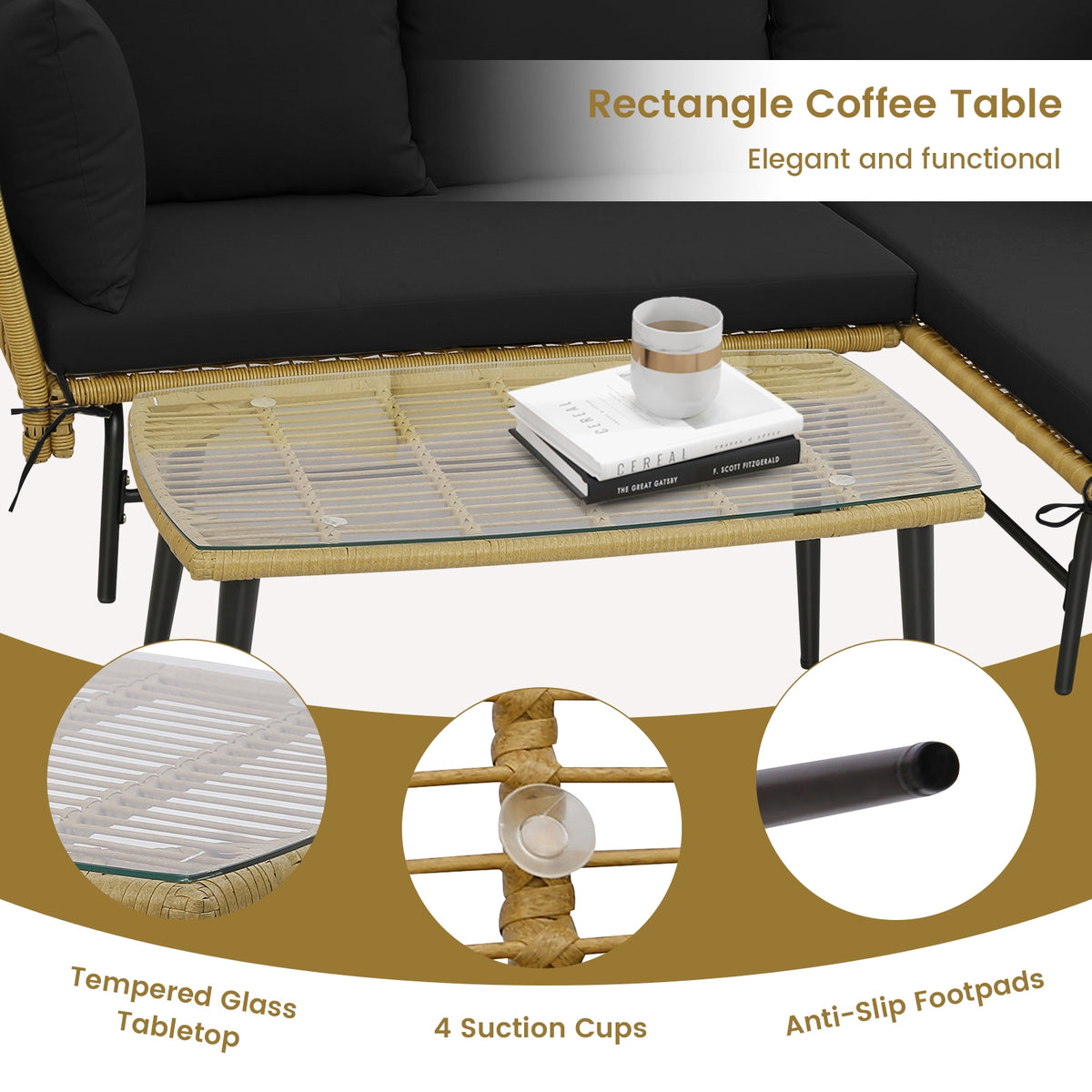 3 Piece L-Shaped Patio Sofa With Cushions, Tempered Glass Table, Black Patio Conversation Sets at Gallery Canada