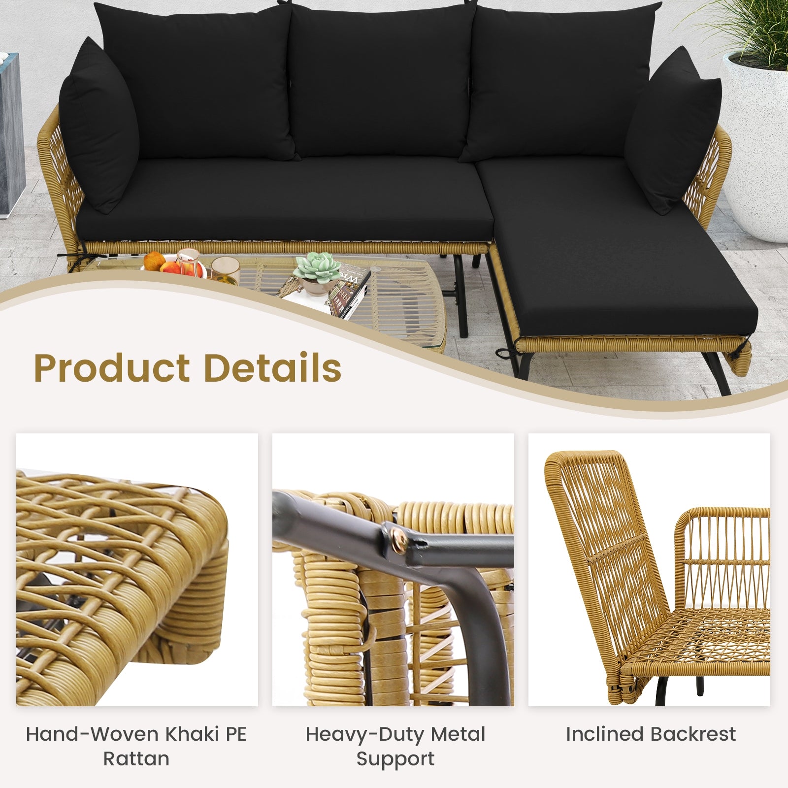 3 Piece L-Shaped Patio Sofa With Cushions, Tempered Glass Table, Black Patio Conversation Sets at Gallery Canada