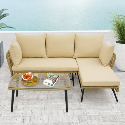 3 Piece L-Shaped Patio Sofa With Cushions, Tempered Glass Table, Beige