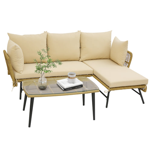 3 Piece L-Shaped Patio Sofa With Cushions, Tempered Glass Table, Beige