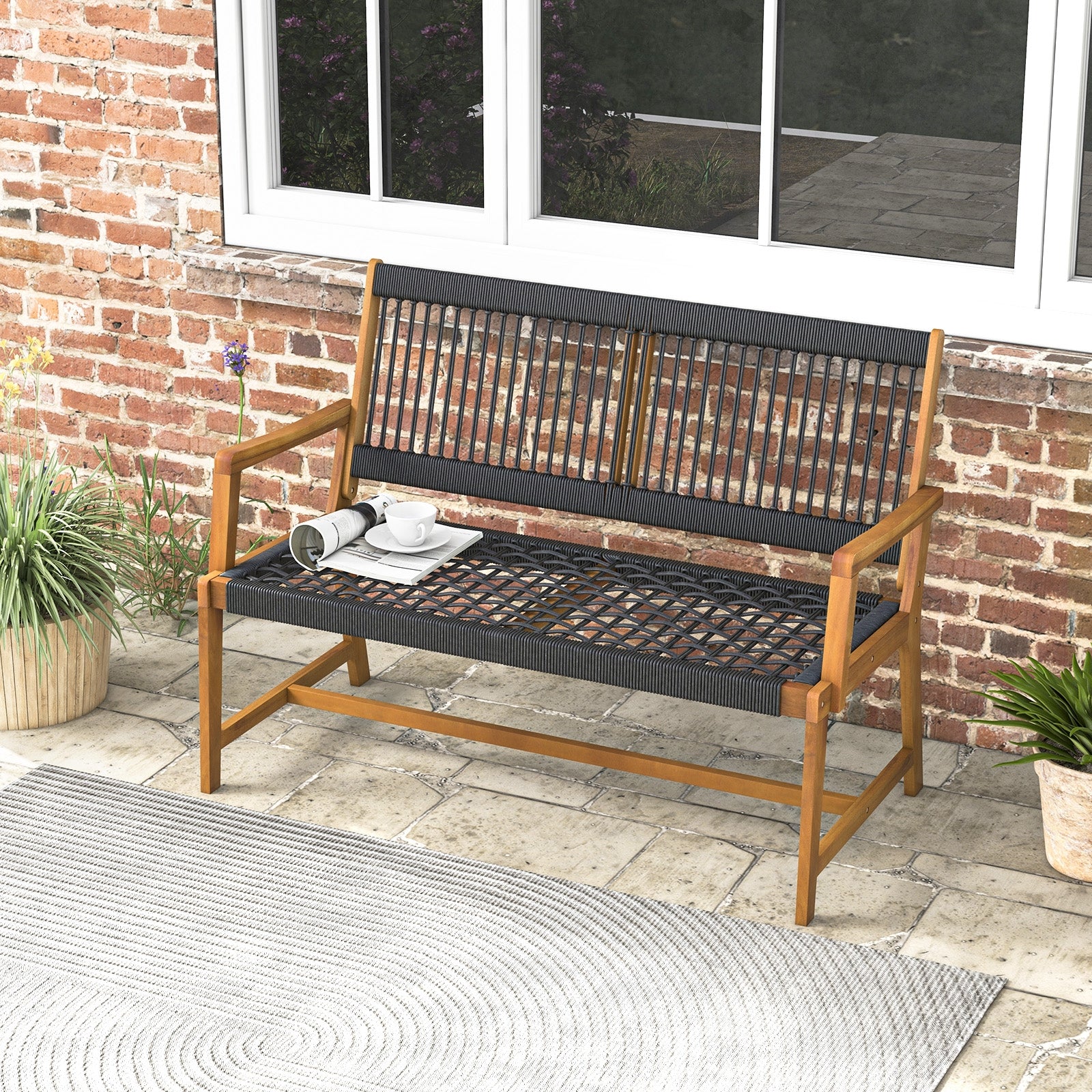 Outdoor Acacia Wood Bench With Backrest And Armrests Outdoor Benches at Gallery Canada